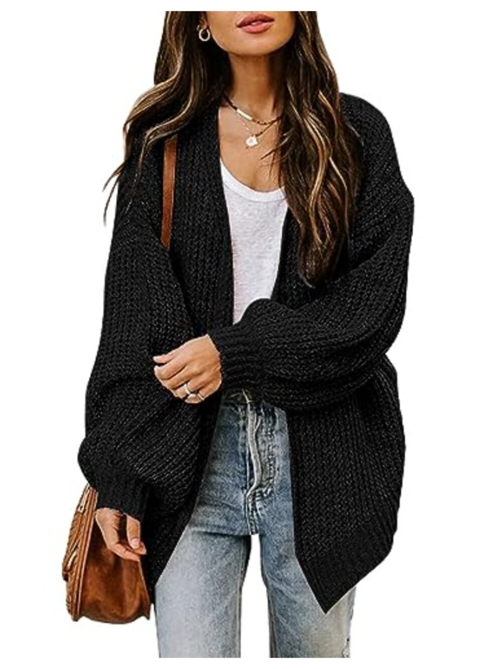 Oversized Chunky Knit Lantern Sleeve Open Front Cardigan Sweater